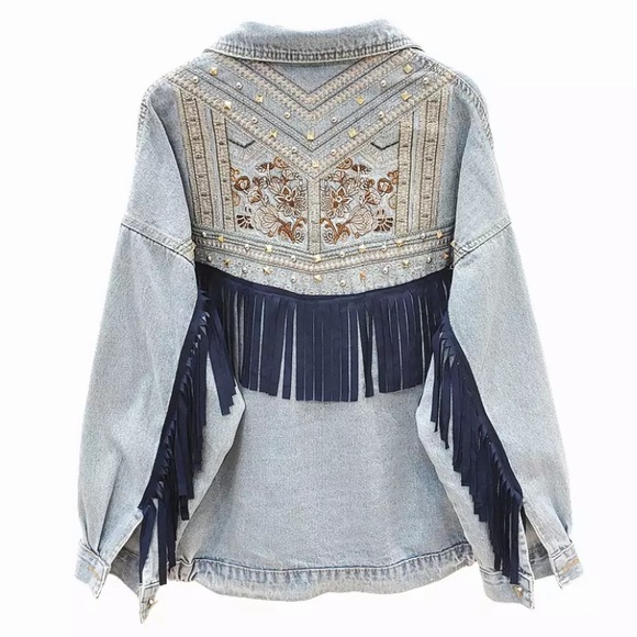 SOLD OUT Oversized Denim Stud Fringe Embroidered Jacket - Picture 2 of 3